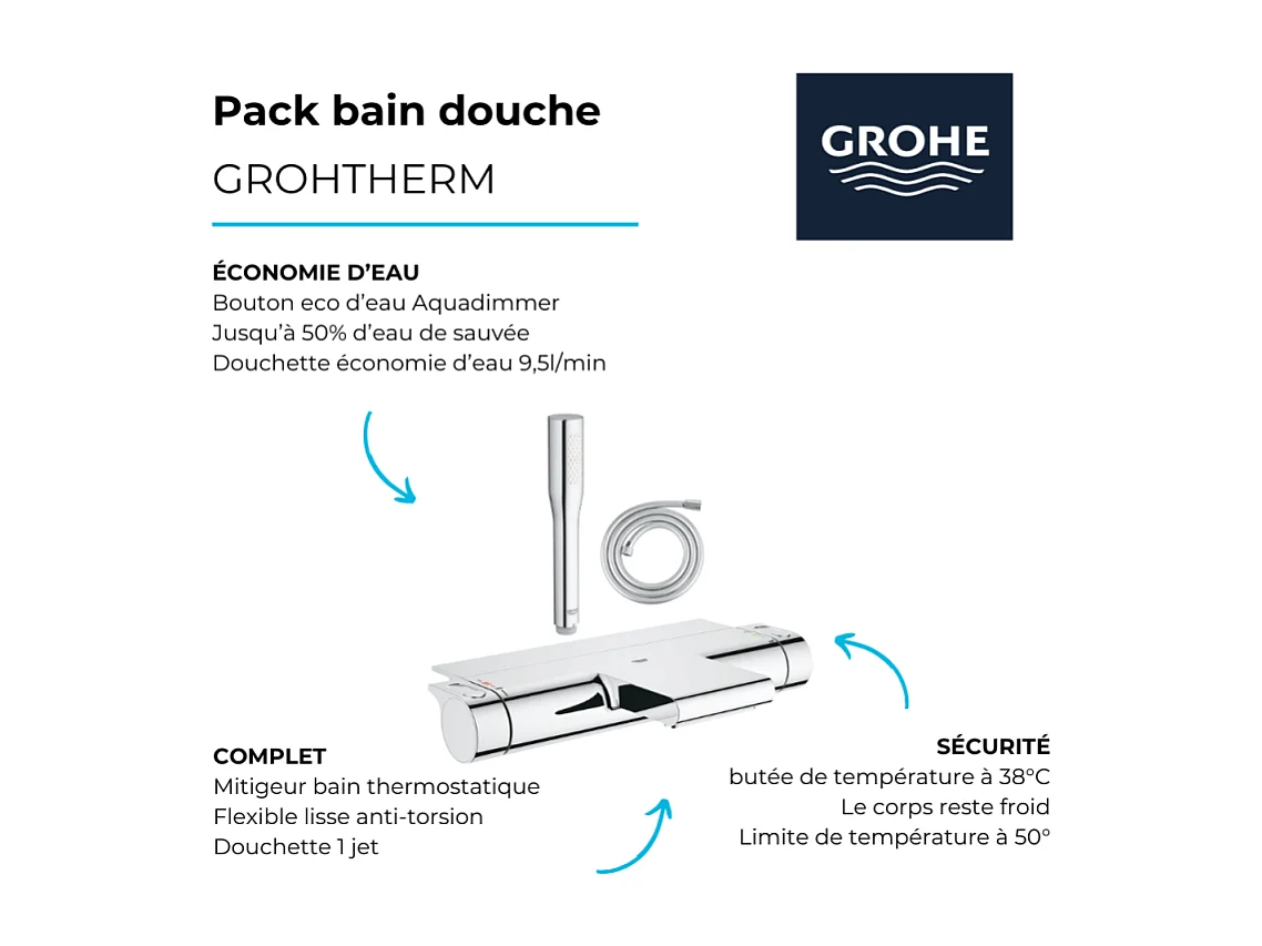 Pack mitigeur bain thermostatique GROHE Grohtherm 2000 + Douchette 1 jet Vitalio Get Stick + Flexible