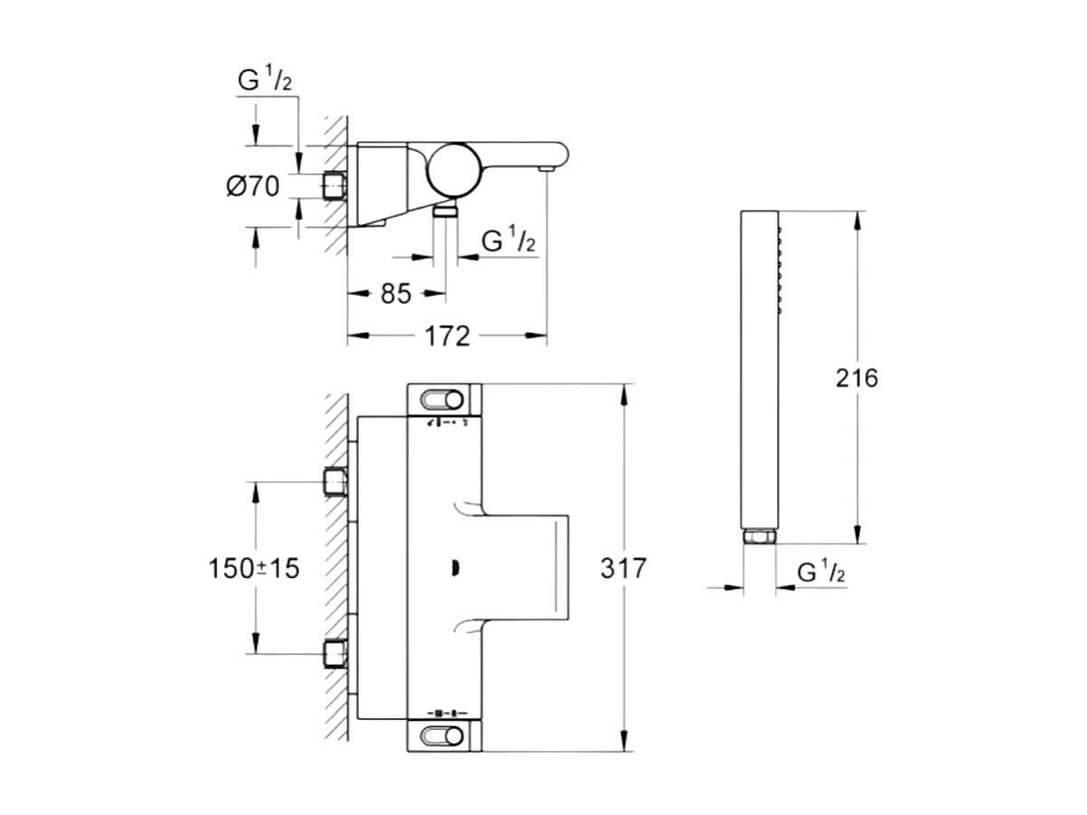 Pack mitigeur bain thermostatique GROHE Grohtherm 2000 + Douchette 1 jet Vitalio Get Stick + Flexible