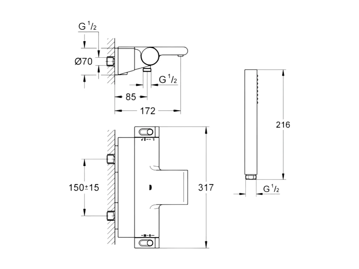Pack mitigeur bain thermostatique GROHE Grohtherm 2000 + Douchette 1 jet Vitalio Get Stick + Flexible
