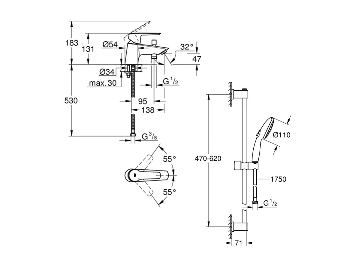 Pack mitigeur bain douche monotrou GROHE Start 2021 Quickfix + Ensemble de douche 2 jets GROHE Vitalio Start 110 chromé