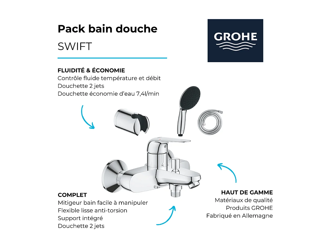 Pack mitigeur mécanique GROHE Swift + Douchette 2 jets GROHE Vitalio Start 110 + Flexible1750 mm et support