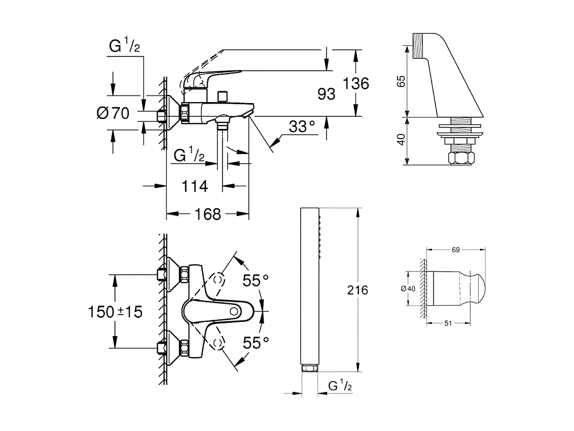 Pack mitigeur mécanique GROHE Swift avec colonnettes + Douchette 1 jet Vitalio Get Stick + Flexible 1750 mm