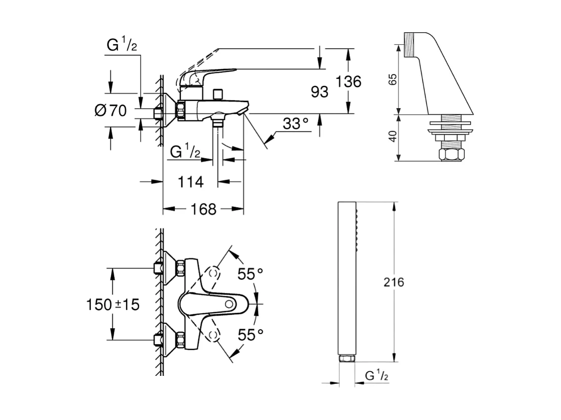 Pack mitigeur mécanique GROHE Swift avec colonnettes + Douchette 1 jet Vitalio Get Stick + Flexible 1750 mm
