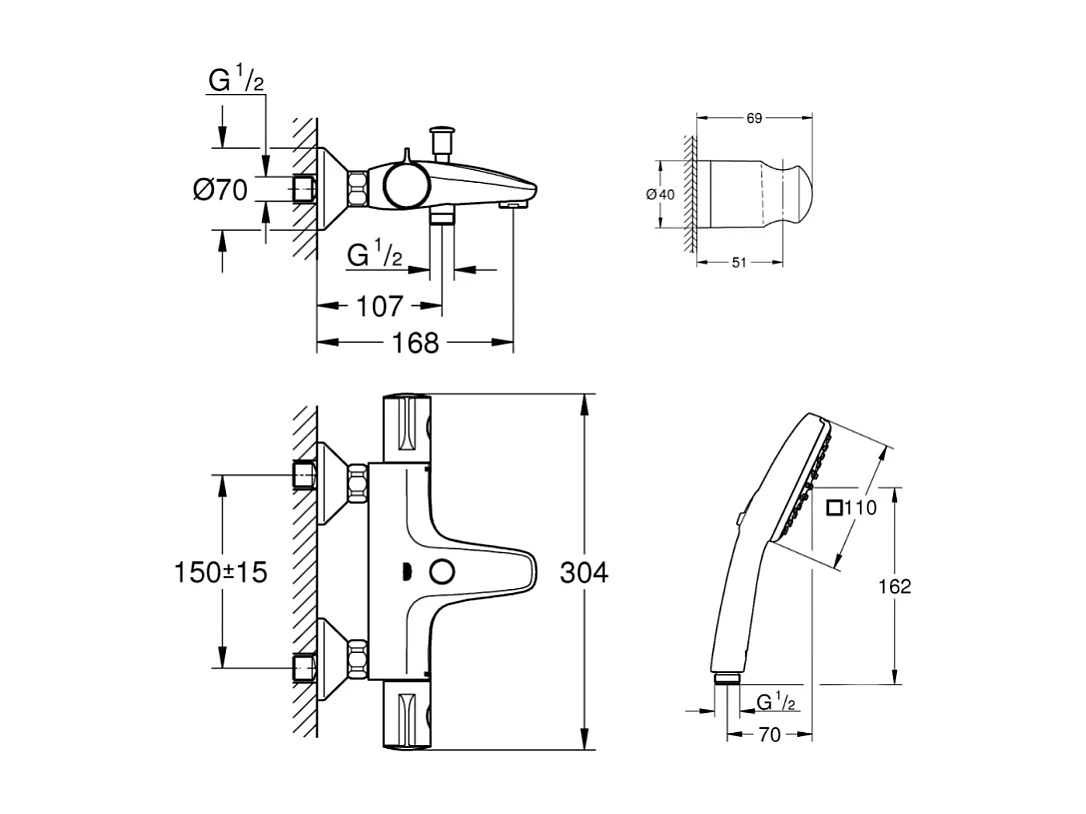 Pack mitigeur thermostatique GROHE Grotherm 800 + Douchette 2 jets GROHE Vitalio Start 110 + Flexible1750 mm et support