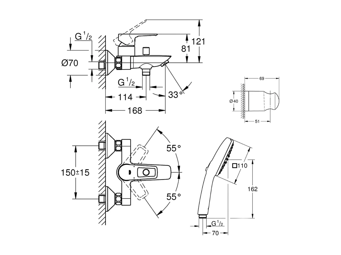 Pack mitigeur mécanique GROHE Start Loop + Douchette 2 jets GROHE Vitalio Start 110 + Flexible1750 mm et support