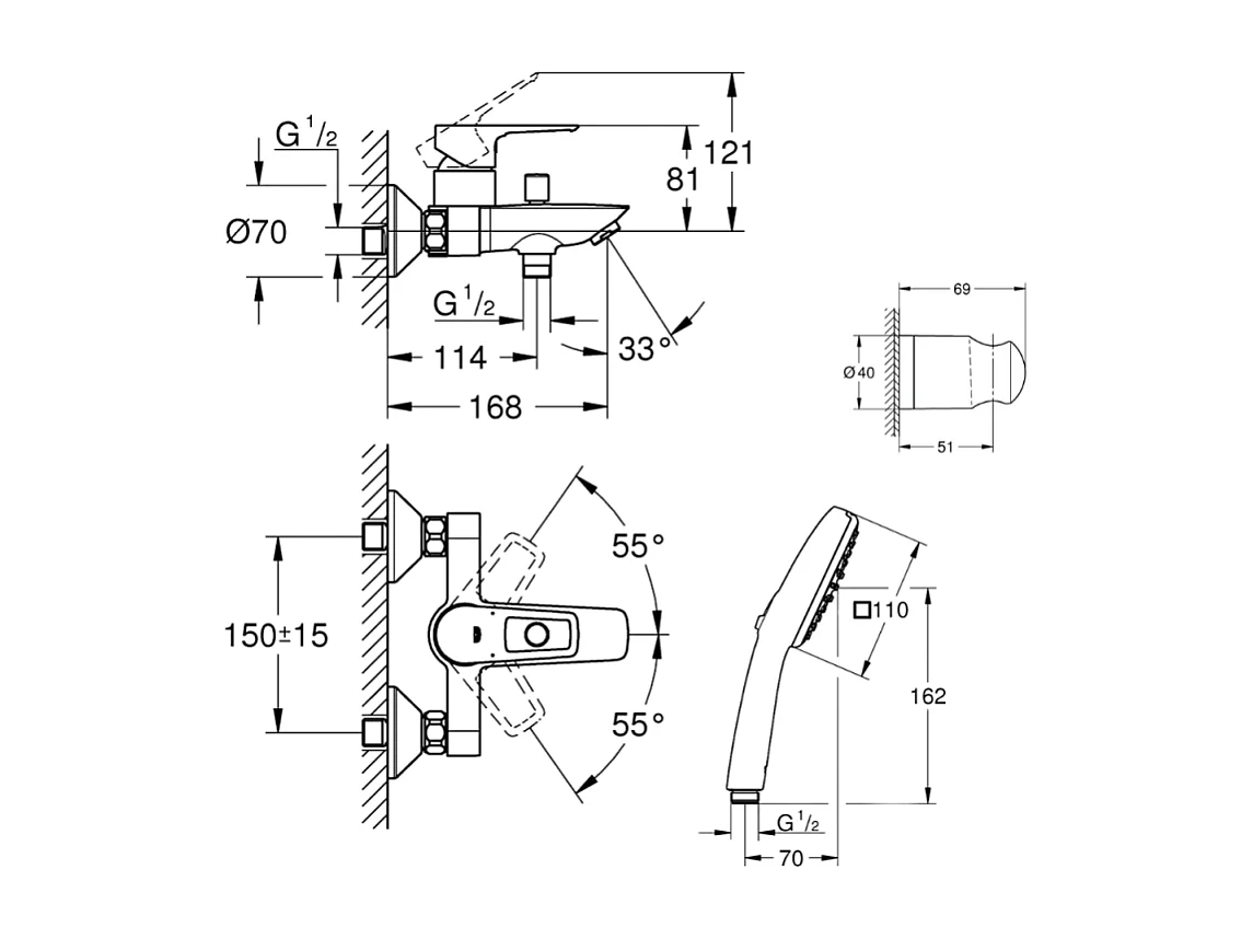 Pack mitigeur mécanique GROHE Start Loop + Douchette 2 jets GROHE Vitalio Start 110 + Flexible1750 mm et support