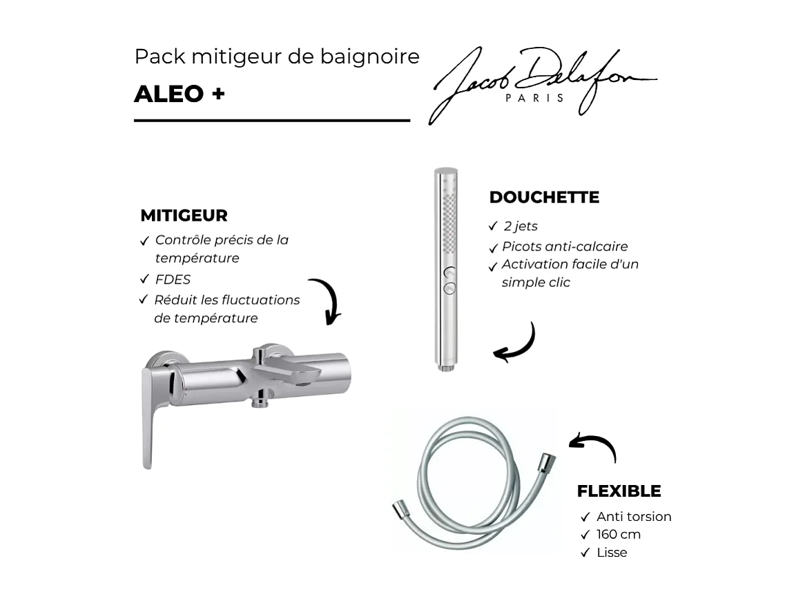 Pack mitigeur bain douche JACOB DELAFON Aléo+ + douchette Shift+ ronde + flexible lisse 160 cm
