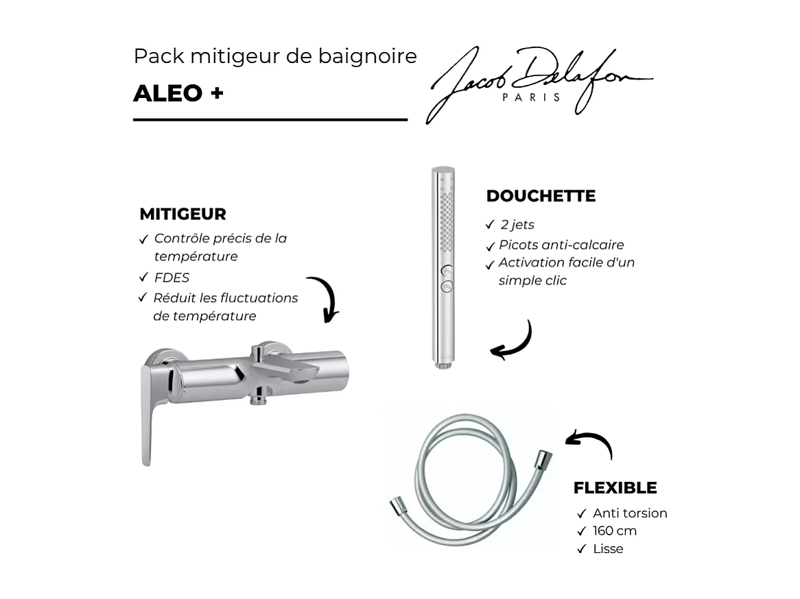 Pack mitigeur bain douche JACOB DELAFON Aléo+ + douchette Shift+ ronde + flexible lisse 160 cm