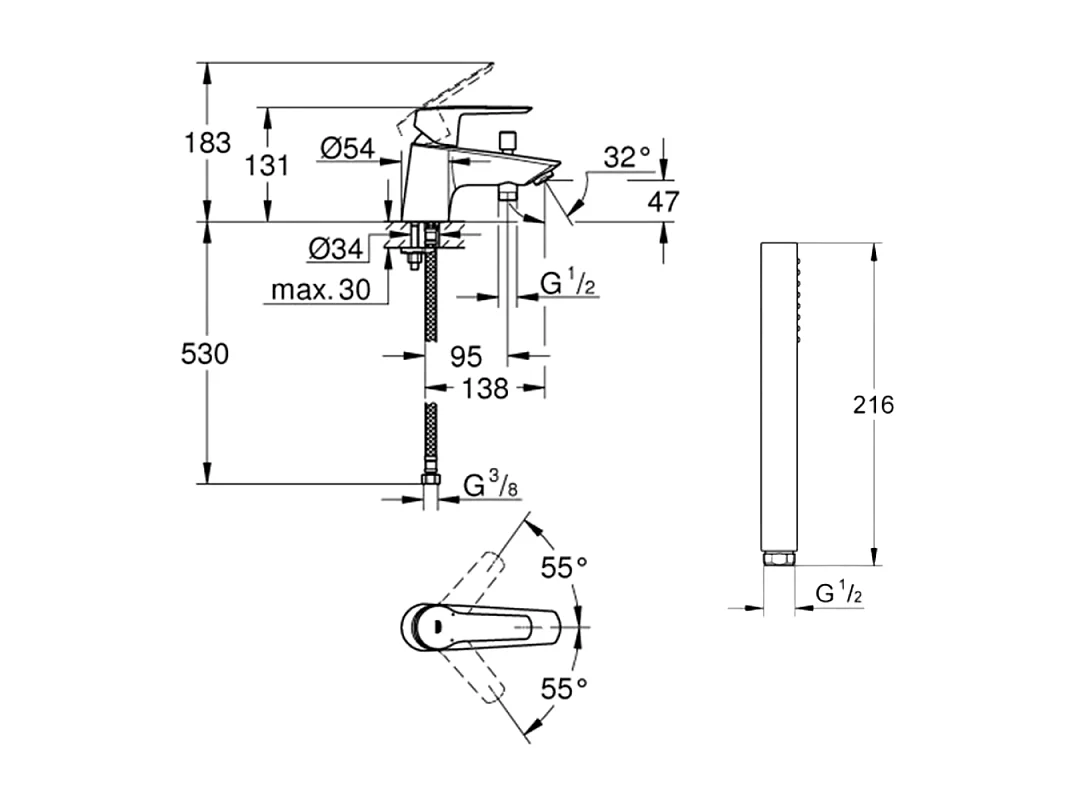 Pack mitigeur mécanique bain douche GROHE GROHE Start Quickfix + Douchette 1 jet Vitalio Get Stick et flexible