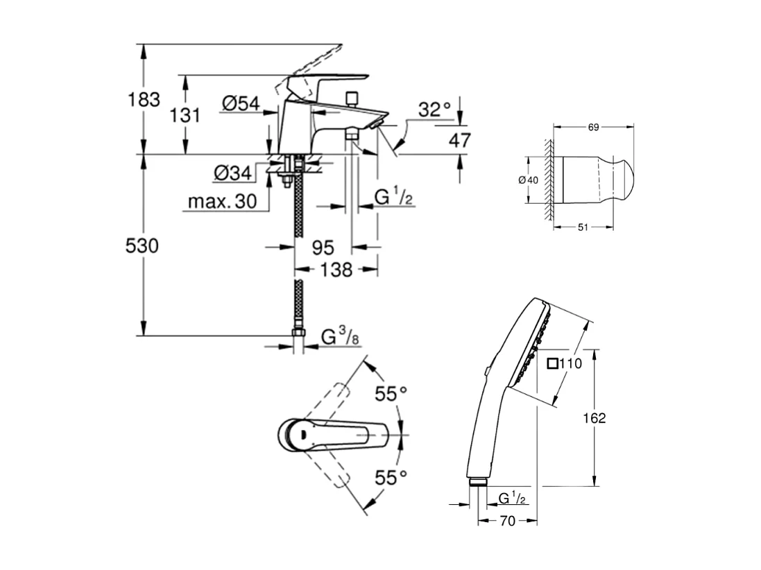 Pack mitigeur mécanique GROHE Quickfix Start 2021 + Douchette 2 jets GROHE Vitalio Comfort 110 + Flexible1750 mm et support
