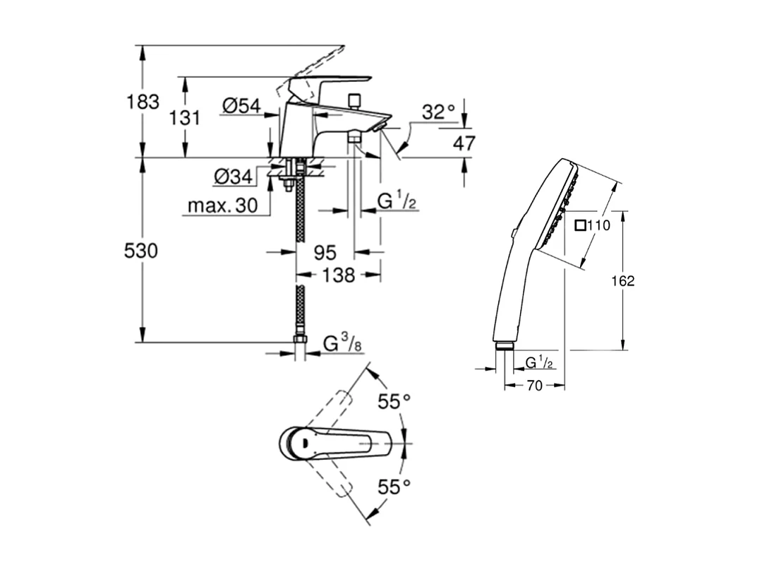 Pack mitigeur mécanique bain douche GROHE Start + Douchette 2 jets Vitalio Comf. 110 + Flexible