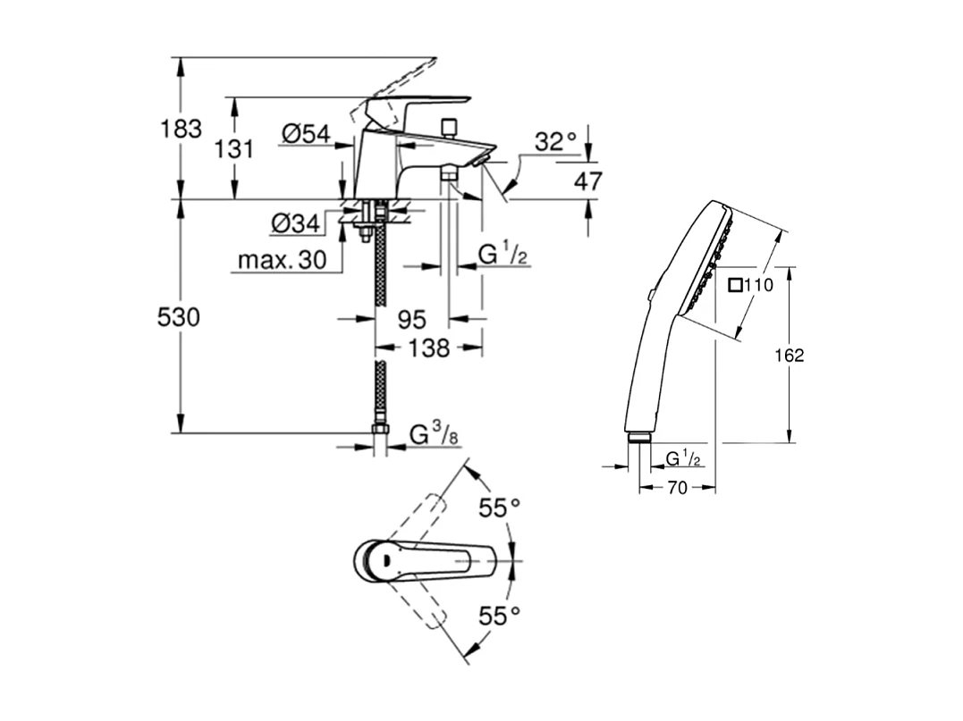 Pack mitigeur mécanique bain douche GROHE Start + Douchette 2 jets Vitalio Comf. 110 + Flexible