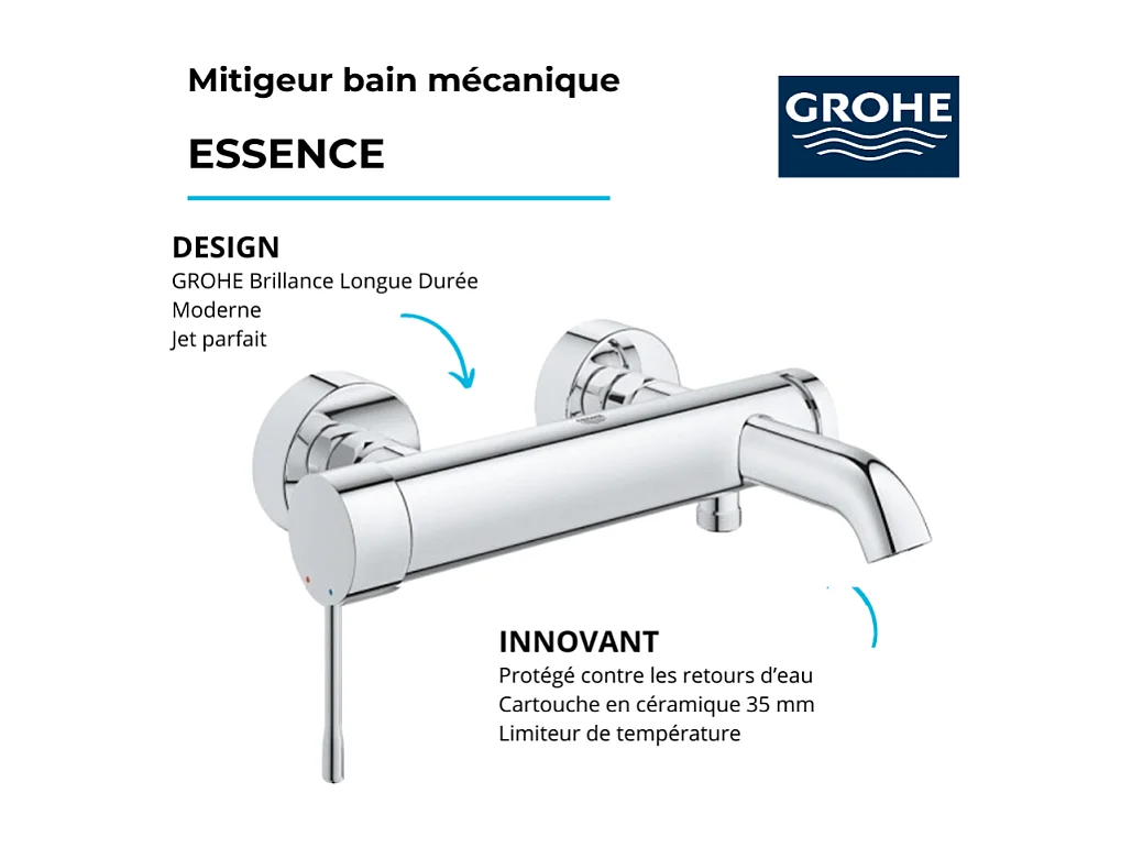 Pack mitigeur mécanique GROHE Essence avec colonnettes + Douchette 1 jet Vitalio Get Stick + Flexible 1750 mm