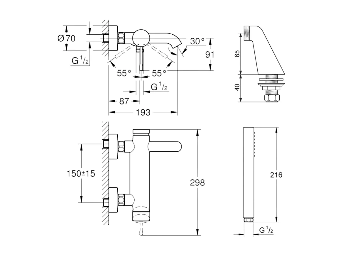 Pack mitigeur mécanique GROHE Essence avec colonnettes + Douchette 1 jet Vitalio Get Stick + Flexible 1750 mm