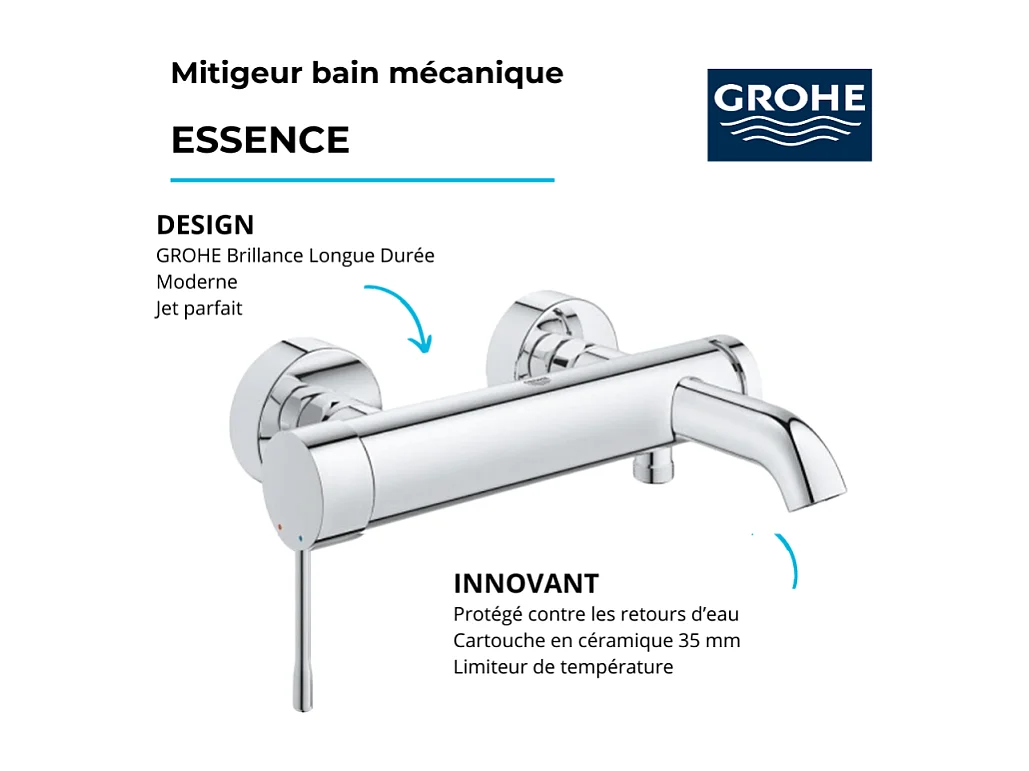 Pack mitigeur mécanique GROHE Essence avec colonnettes + Douchette 1 jet Vitalio Get Stick + Flexible 1750 mm