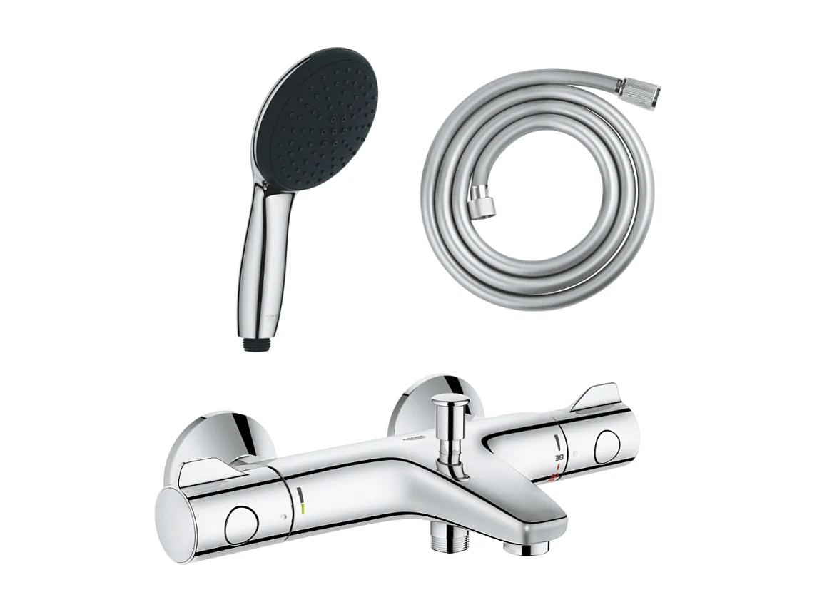 Pack mitigeur bain douche thermostatique GROHE Grohtherm 800 chromé + Douchette 2 jets Vitalio Start 110et flexible