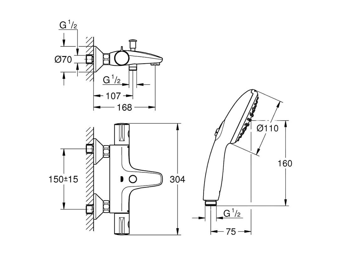 Pack mitigeur bain douche thermostatique GROHE Grohtherm 800 chromé + Douchette 2 jets Vitalio Start 110et flexible