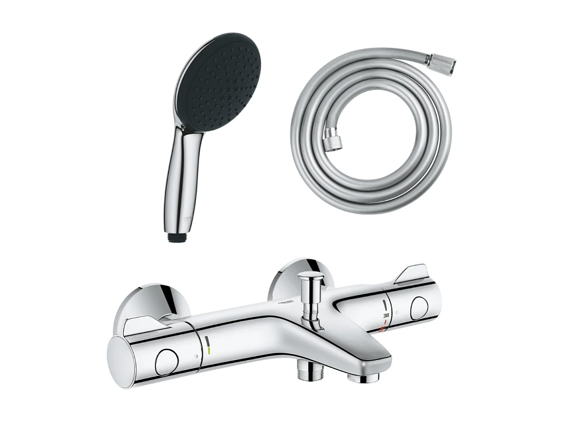 Pack mitigeur bain douche thermostatique GROHE Grohtherm 800 chromé + Douchette 2 jets Vitalio Start 110et flexible