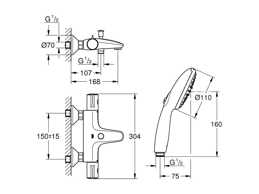 Pack mitigeur bain douche thermostatique GROHE Grohtherm 800 chromé + Douchette 2 jets Vitalio Start 110et flexible