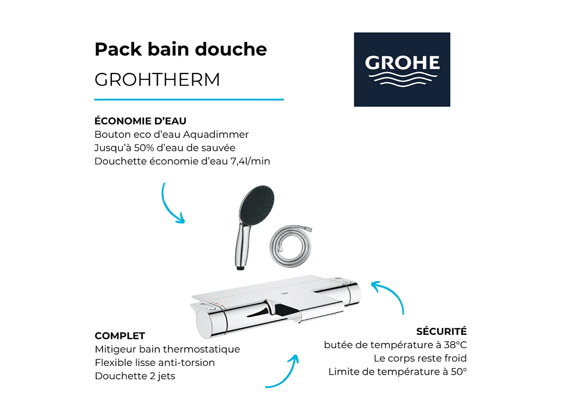 Pack mitigeur bain thermostatique GROHE Grohtherm 2000 + Douchette 2 jets Vitalio Start 110  + Flexible