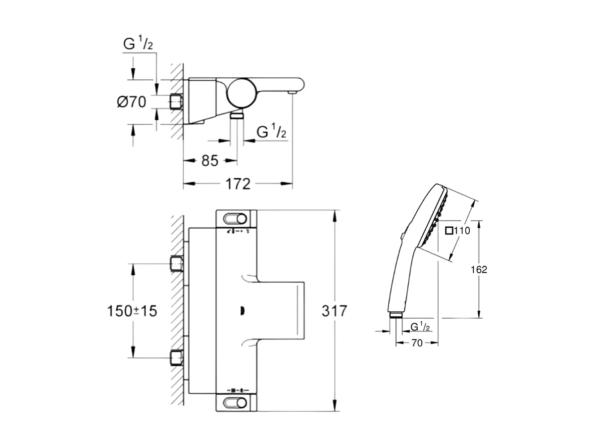 Pack mitigeur bain thermostatique GROHE Grohtherm 2000 + Douchette 2 jets Vitalio Start 110  + Flexible