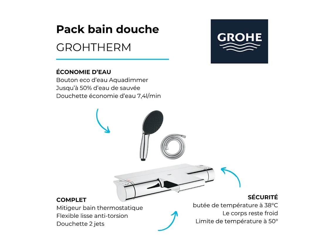 Pack mitigeur bain thermostatique GROHE Grohtherm 2000 + Douchette 2 jets Vitalio Start 110  + Flexible