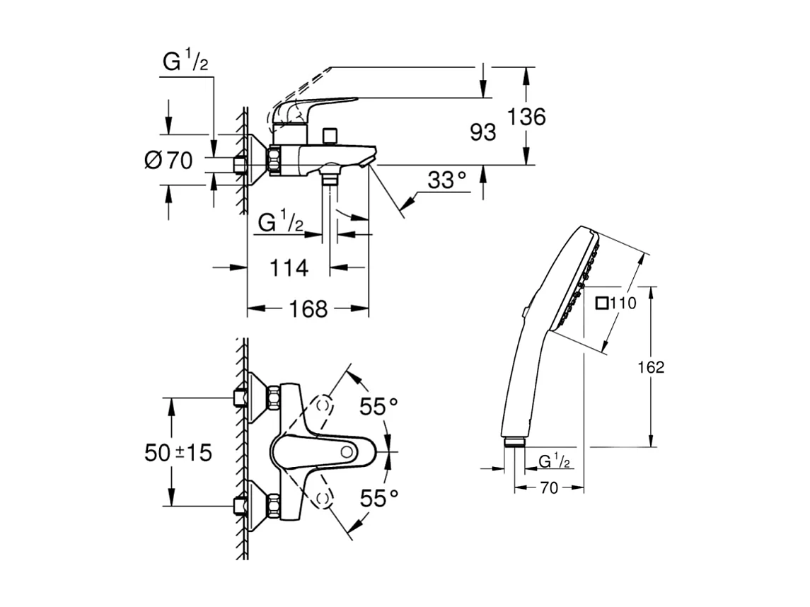 Pack mitigeur mécanique bain douche GROHE Swift + Douchette 2 jets Vitalio Start 110 + Flexible