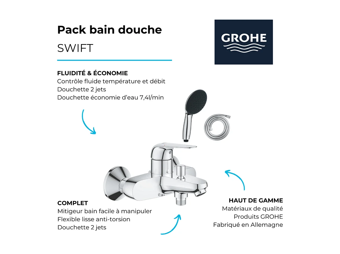 Pack mitigeur mécanique bain douche GROHE Swift + Douchette 2 jets Vitalio Start 110 + Flexible