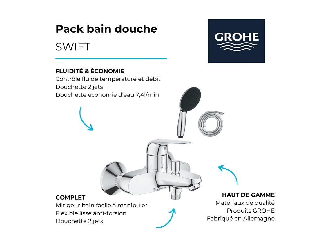 Pack mitigeur mécanique bain douche GROHE Swift + Douchette 2 jets Vitalio Start 110 + Flexible