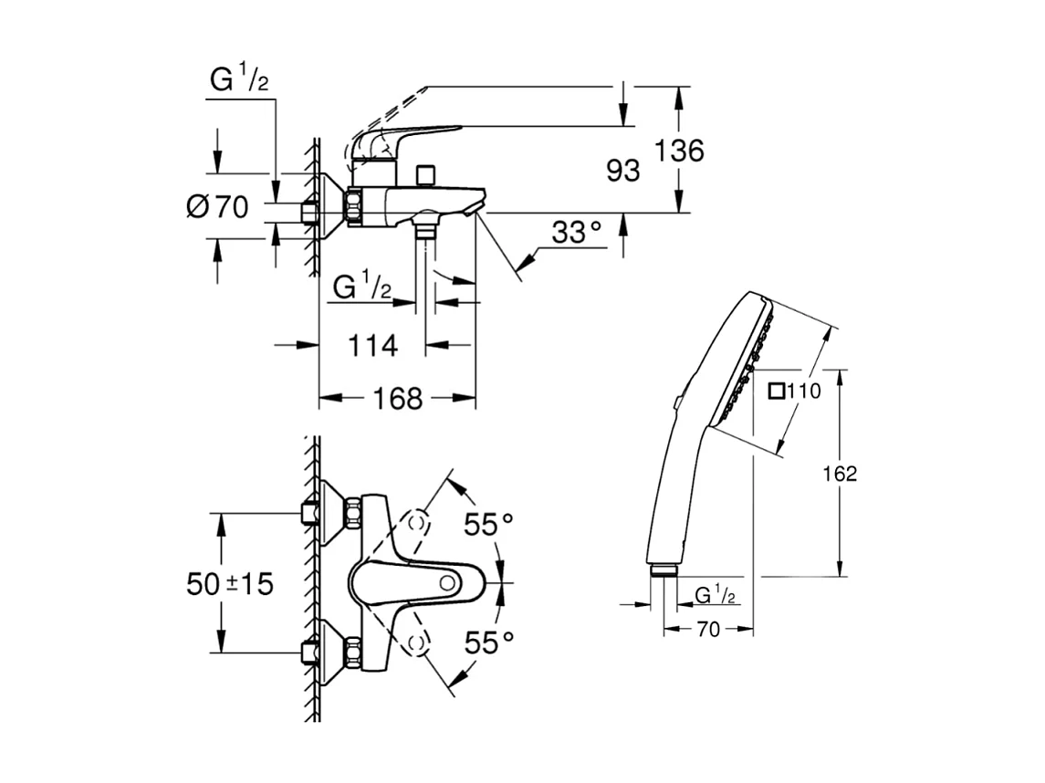 Pack mitigeur mécanique bain douche GROHE Swift + Douchette 2 jets Vitalio Start 110 + Flexible