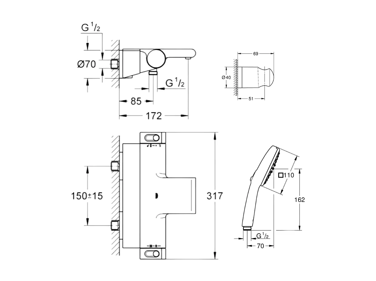Pack mitigeur bain douche thermostatique GROHE Grohtherm 2000 + Douchette 2 jets GROHE Comfort110 + Flexible1750 mm et support