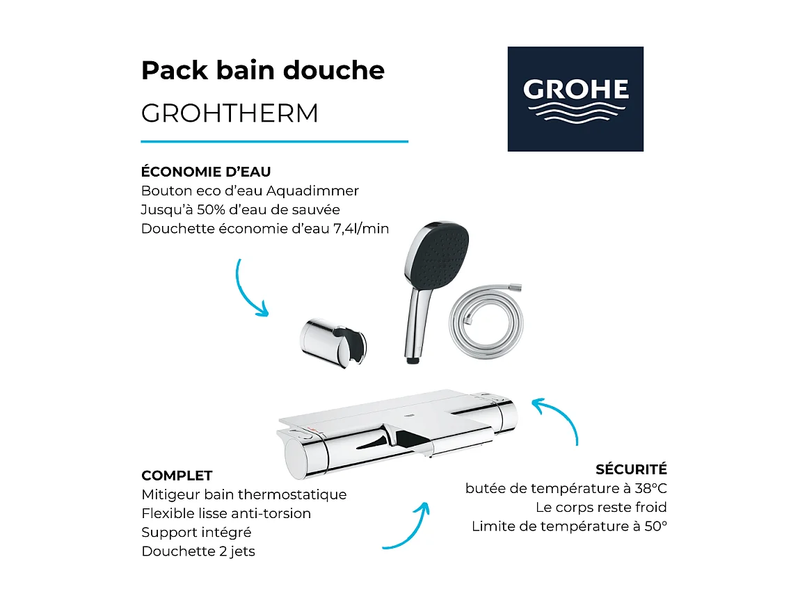 Pack mitigeur bain douche thermostatique GROHE Grohtherm 2000 + Douchette 2 jets GROHE Comfort110 + Flexible1750 mm et support