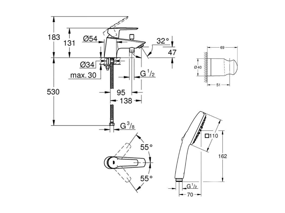 Pack mitigeur mécanique GROHE Quickfix Start 2021 + Douchette 2 jets GROHE Vitalio Start 110 + Flexible1750 mm et support