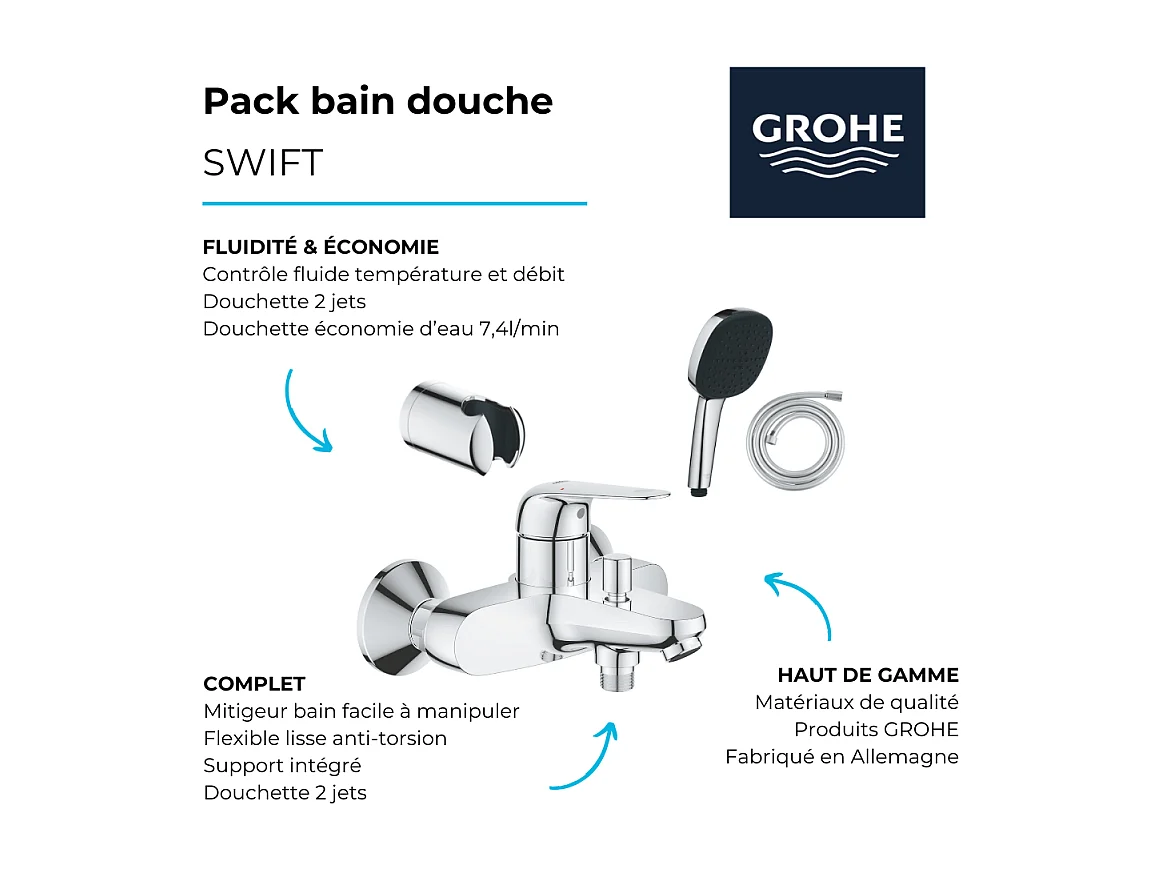 Pack mitigeur mécanique GROHE Swift + Douchette 2 jets GROHE Vitalio Comfort 110 + Flexible1750 mm et support