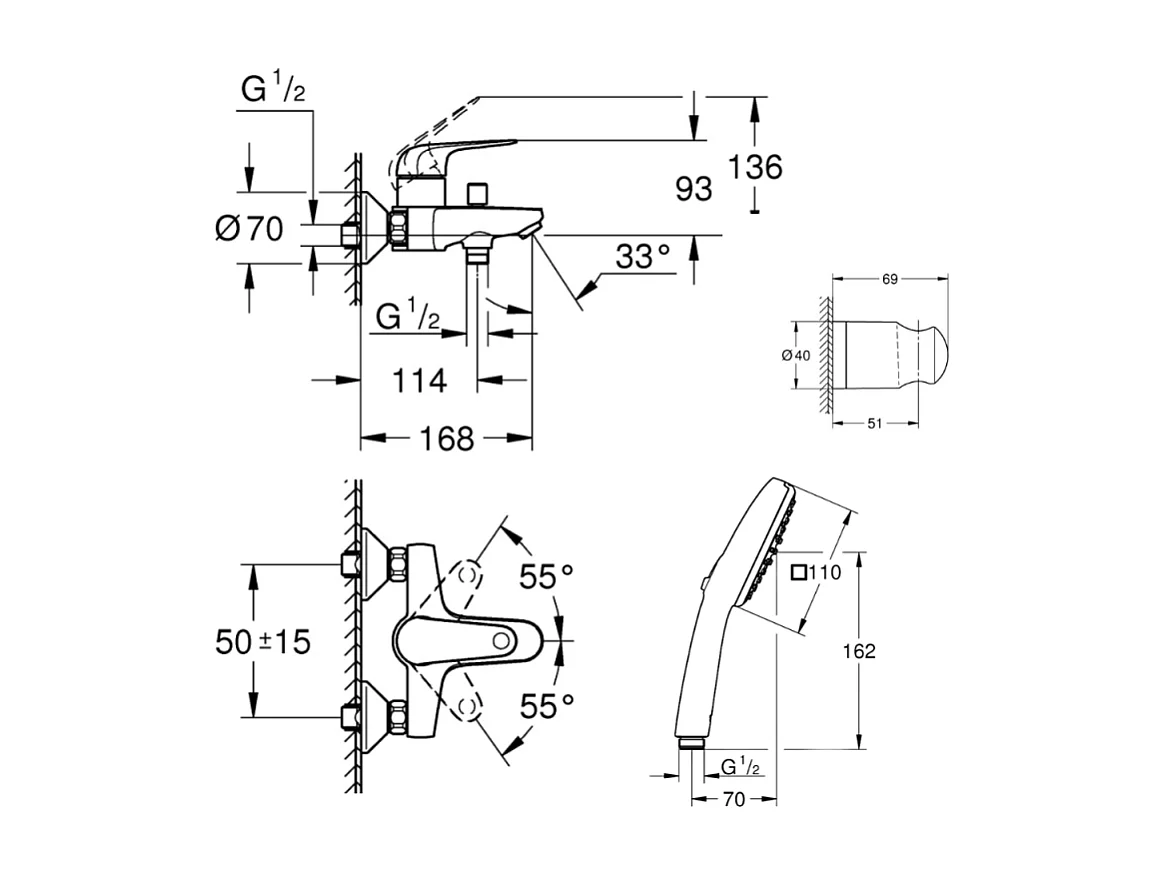 Pack mitigeur mécanique GROHE Swift + Douchette 2 jets GROHE Vitalio Comfort 110 + Flexible1750 mm et support