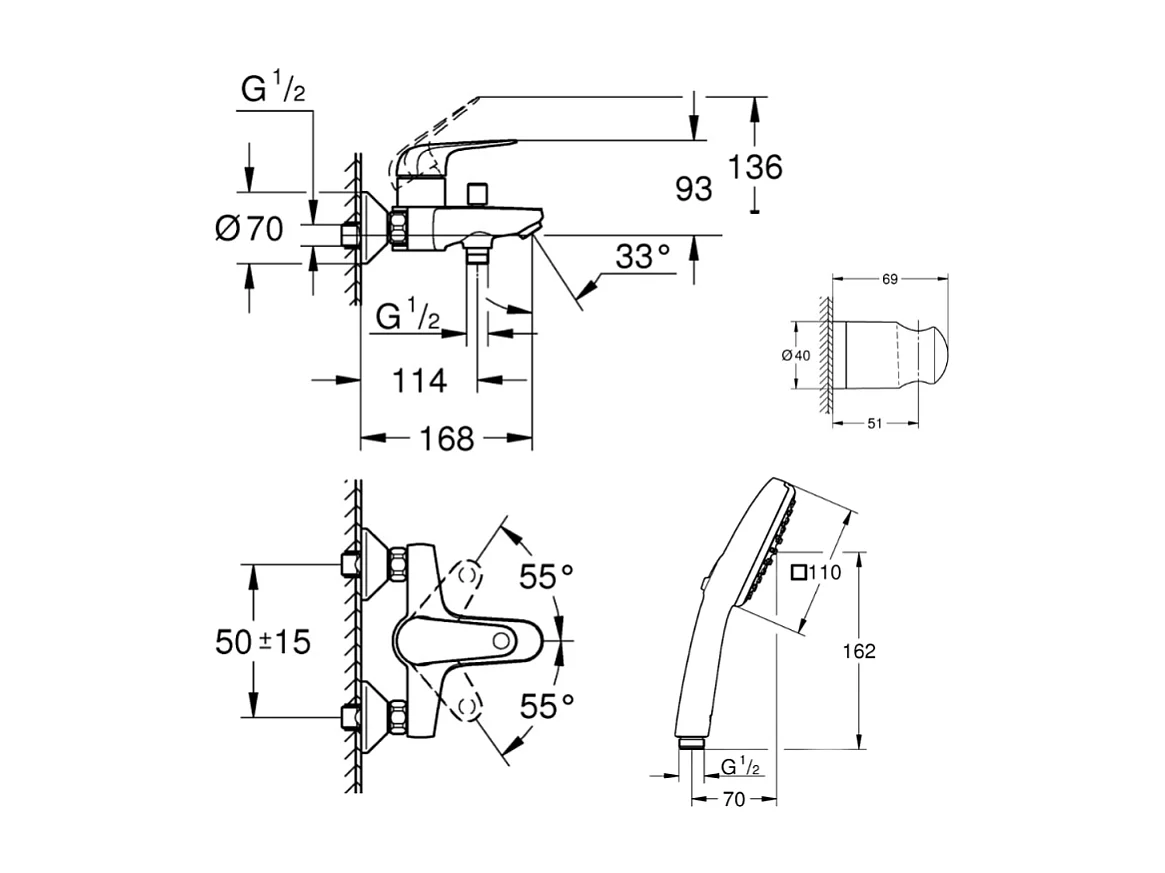 Pack mitigeur mécanique GROHE Swift + Douchette 2 jets GROHE Vitalio Comfort 110 + Flexible1750 mm et support