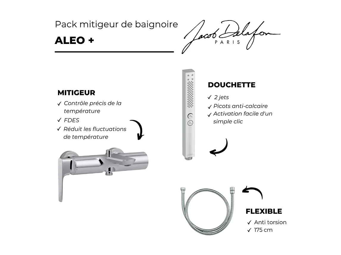 Pack mitigeur bain douche JACOB DELAFON Aléo+ + douchette Shift+ carée + flexible à écrou 175 cm