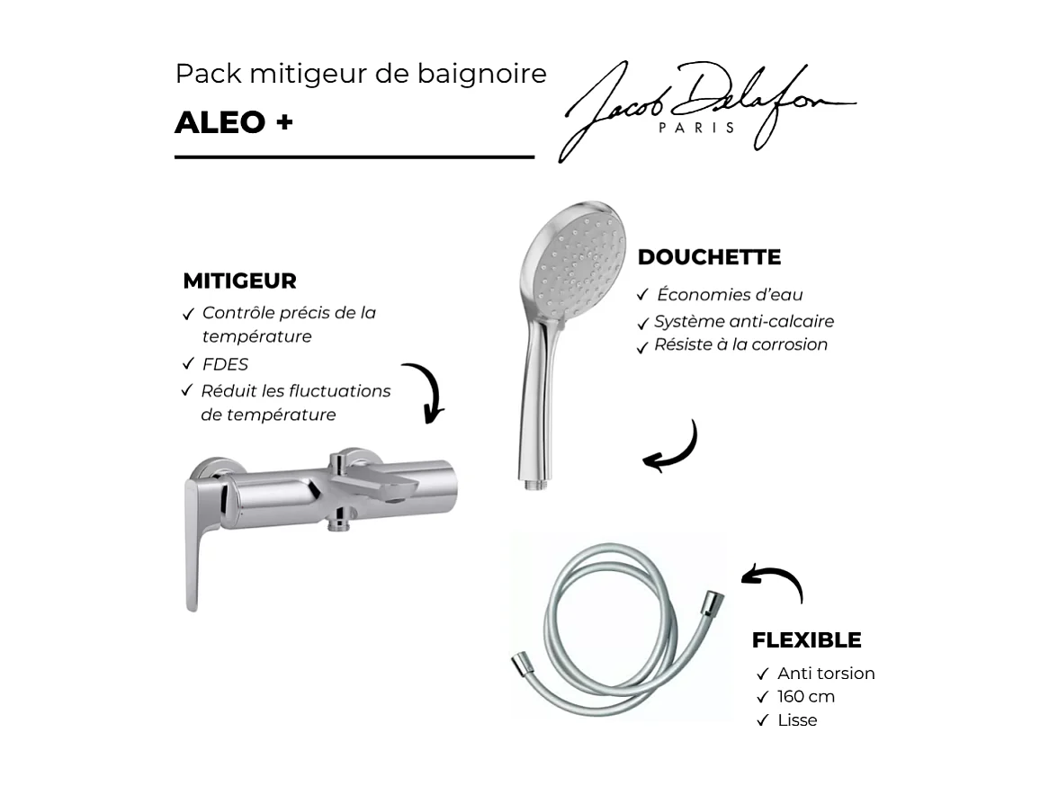 Pack mitigeur bain douche JACOB DELAFON Aléo+ + douchette Awaken + flexible lisse 160 cm