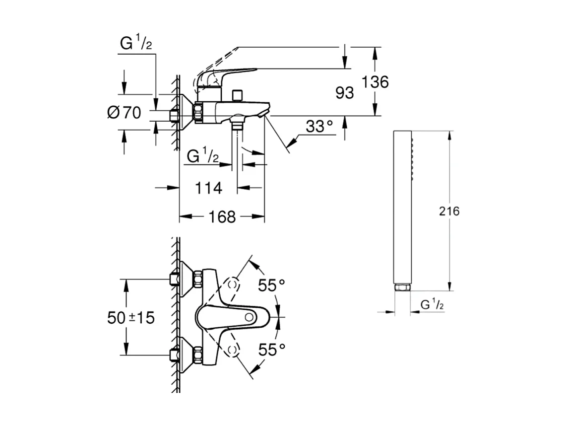 Pack mitigeur mécanique bain douche GROHE Start Loop + Douchette 1 jet Vitalio Get Stick et flexible