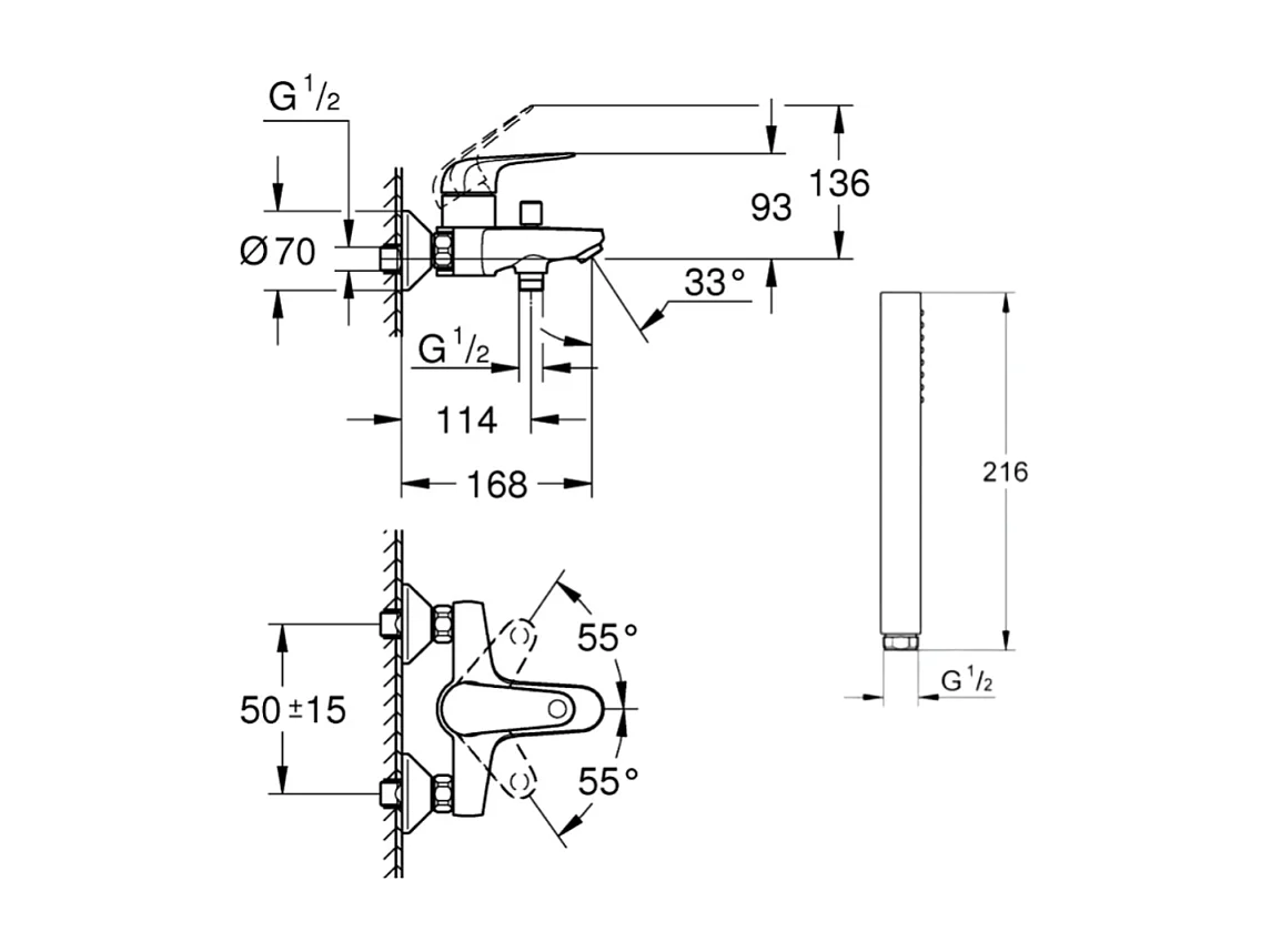 Pack mitigeur mécanique bain douche GROHE Start Loop + Douchette 1 jet Vitalio Get Stick et flexible