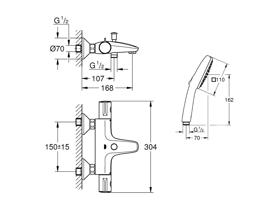 Pack mitigeur Thermostatique bain douche GROHE Precision Start + Douchette 2 jets Vitalio Comfort 110 et flexible