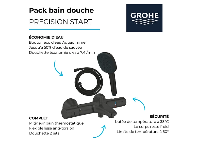 Pack mitigeur Thermostatique bain douche GROHE Precision Start + Douchette 2 jets Vitalio Comfort 110 et flexible