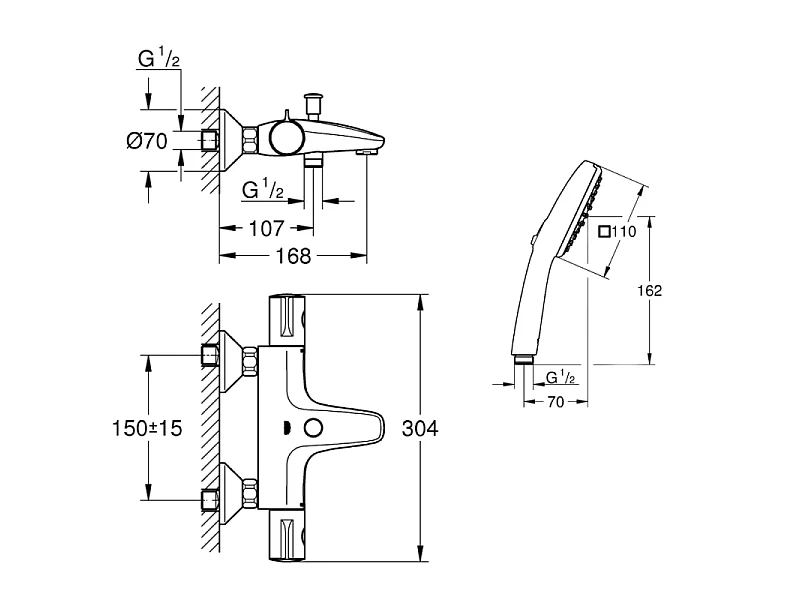 Pack mitigeur Thermostatique bain douche GROHE Precision Start + Douchette 2 jets Vitalio Comfort 110 et flexible