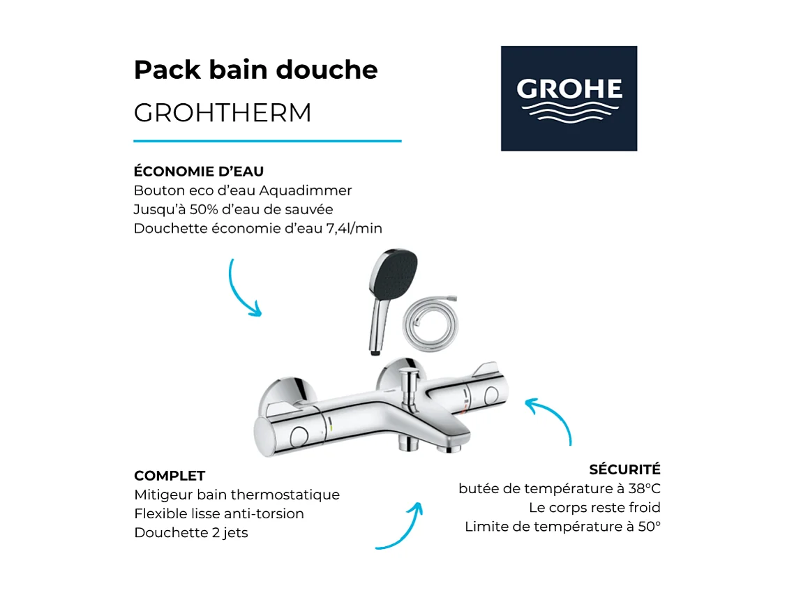 Pack mitigeur bain thermostatique GROHE Grohtherm 800 + Douchette 2 jets Vitalio Comfort 110 + Flexible