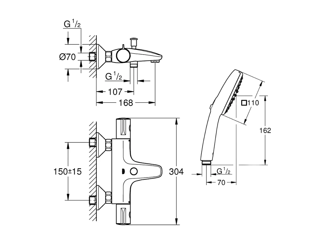 Pack mitigeur bain thermostatique GROHE Grohtherm 800 + Douchette 2 jets Vitalio Comfort 110 + Flexible