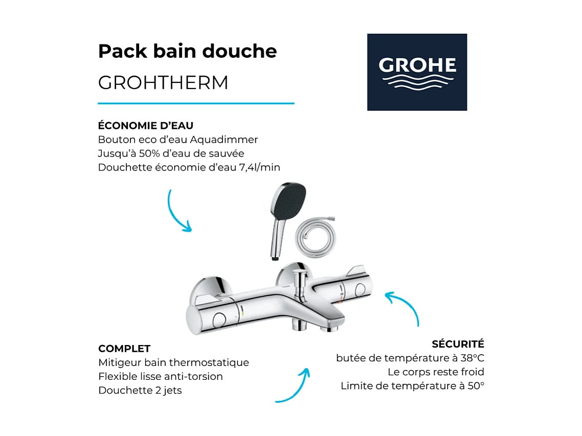 Pack mitigeur bain thermostatique GROHE Grohtherm 800 + Douchette 2 jets Vitalio Comfort 110 + Flexible