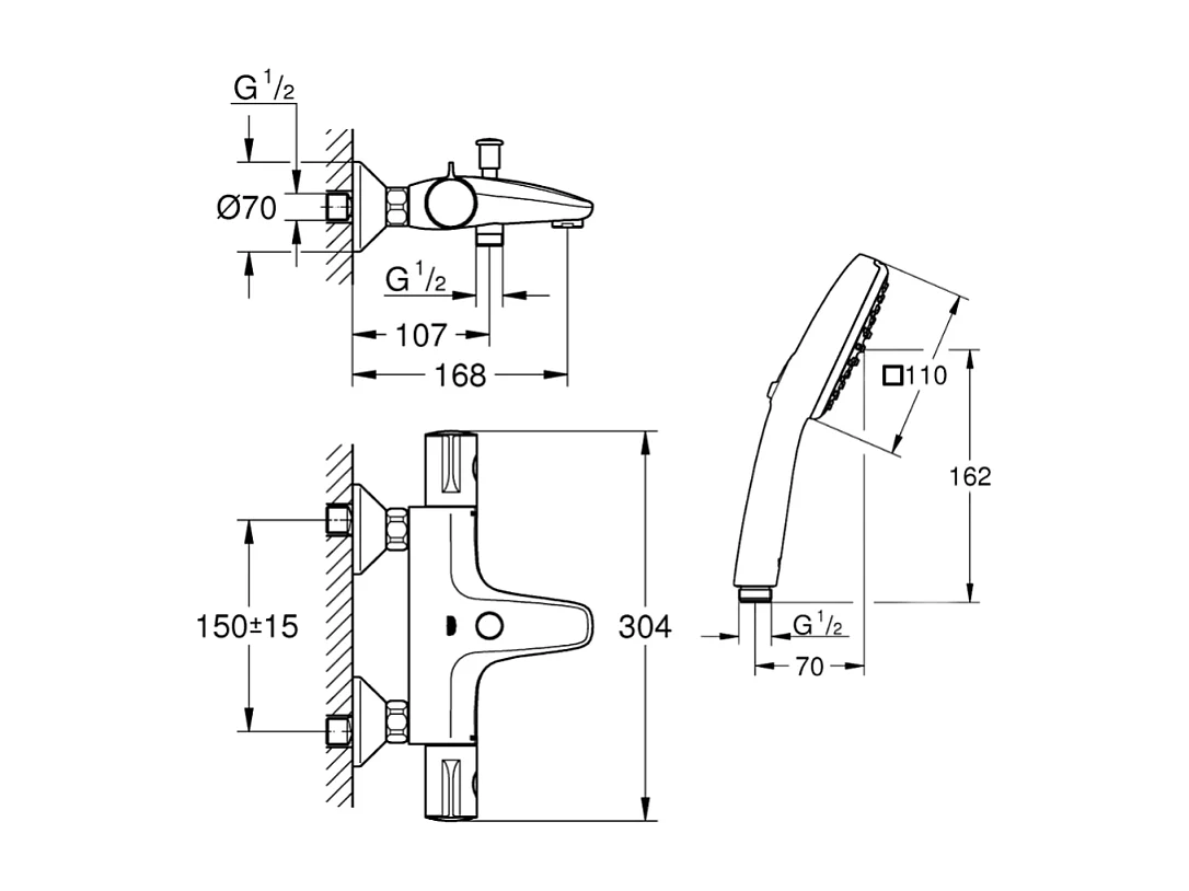 Pack mitigeur bain thermostatique GROHE Grohtherm 800 + Douchette 2 jets Vitalio Comfort 110 + Flexible