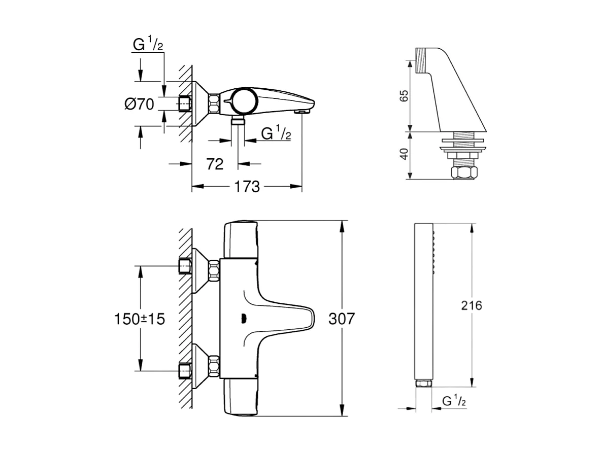Pack mitigeur thermostatique GROHE Trend avec colonnettes + Douchette 1 jet Vitalio Get Stick + Flexible 1750 mm
