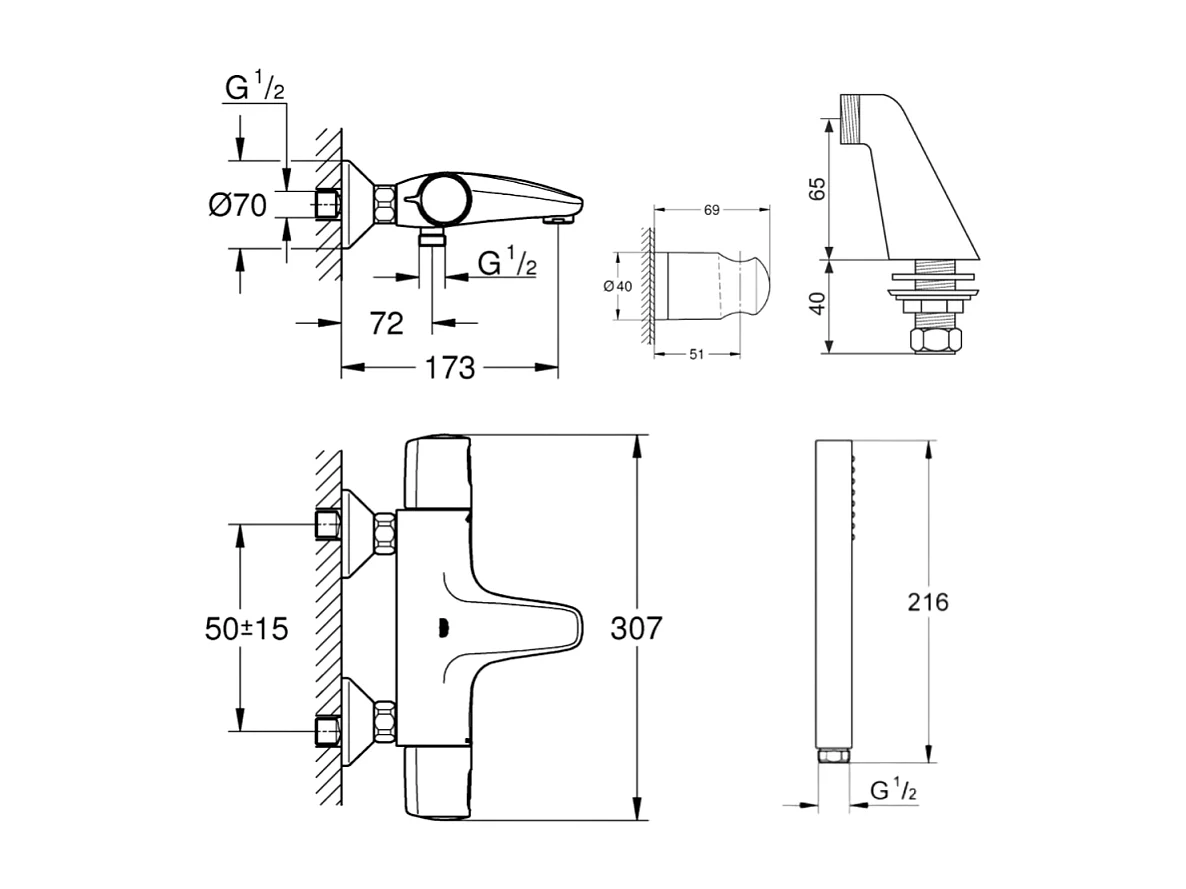 Pack mitigeur thermostatique GROHE Trend avec colonnettes + Douchette 1 jet Vitalio Get Stick + Flexible 1750 mm