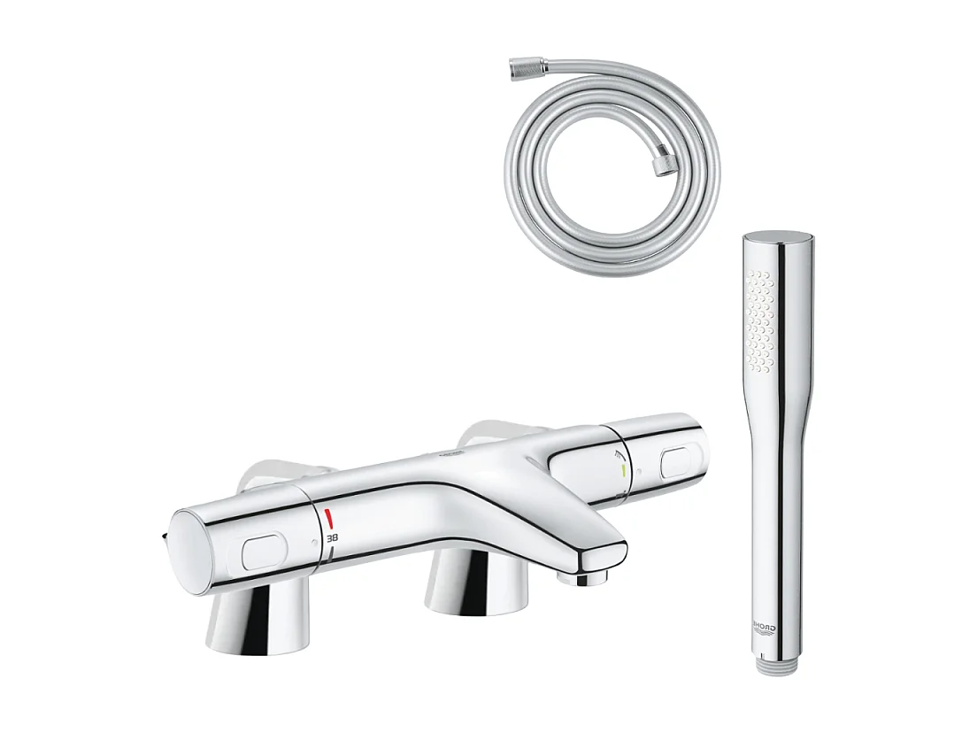 Pack mitigeur thermostatique GROHE Trend avec colonnettes + Douchette 1 jet Vitalio Get Stick + Flexible 1750 mm